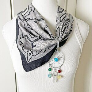 Black & White Silk Bandanna Scarf w/ Gemstone Dreamcatcher Pendant Necklace Set